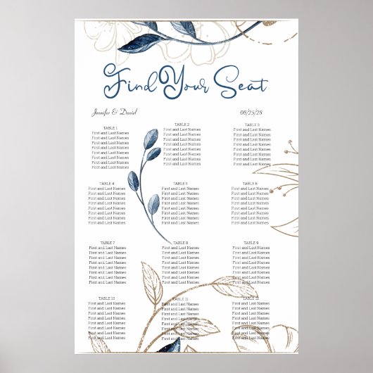 Blauw goudhoudend Floral legant zitje Poster (Voorkant)