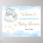 Blauw goudjongen olifant baby shower welkom bord poster (Voorkant)