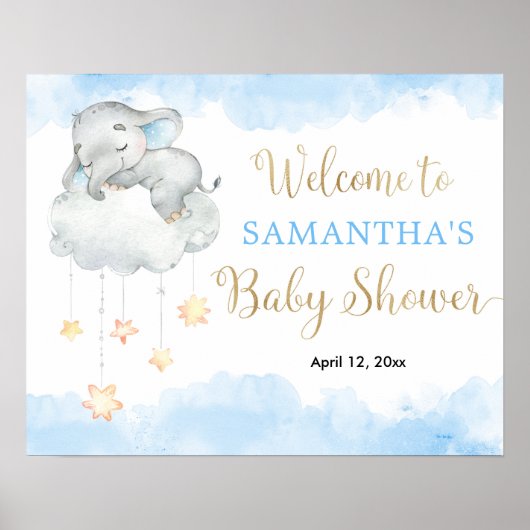 Blauw goudjongen olifant baby shower welkom bord poster (Voorkant)