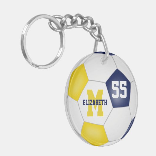 blauw goudkleurig label voetbal sleutelhanger (Voorkant Links)