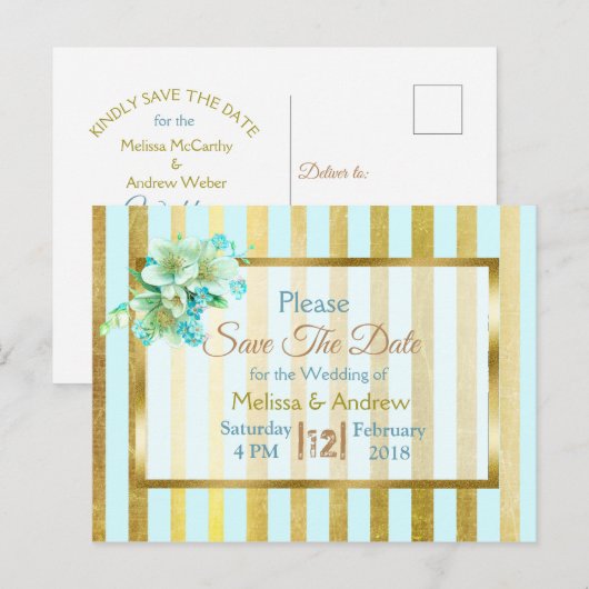 Blauw & goudlegant Floral Sla de datum-Briefkaarte Aankondigingskaart (Voorkant / Achterkant)