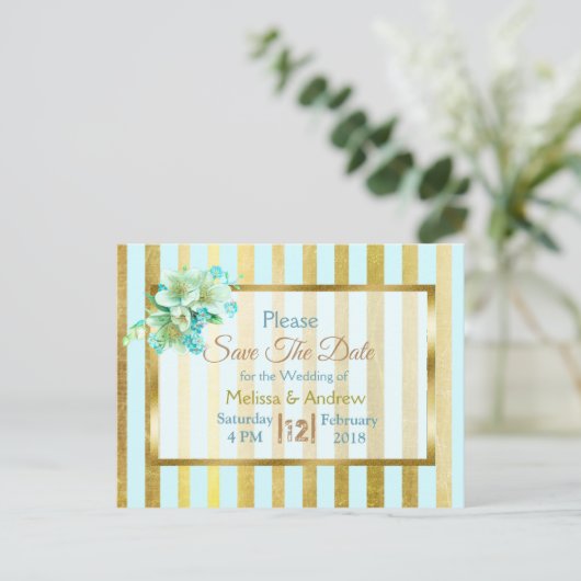 Blauw & goudlegant Floral Sla de datum-Briefkaarte Aankondigingskaart (Staand voorkant)