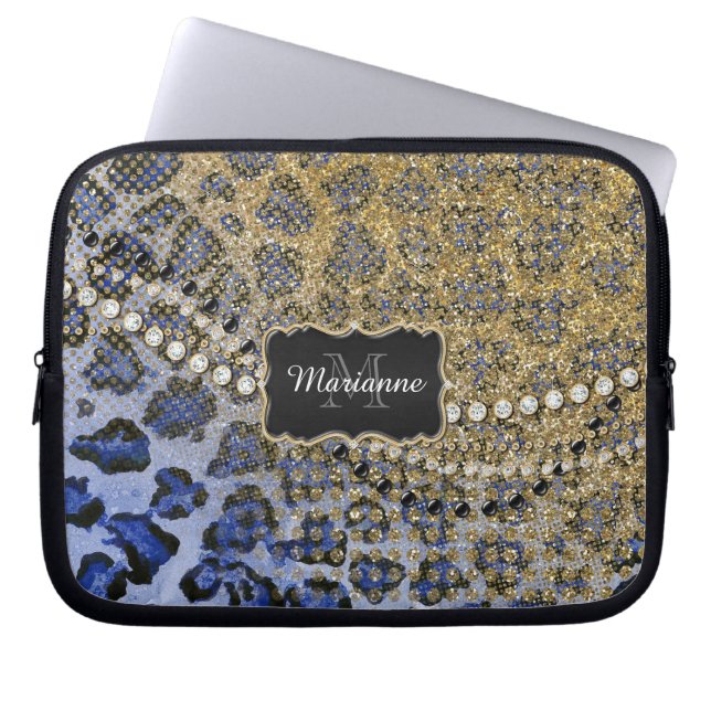 Blauw goudluipaard Dierafdrukken Glitter Kijk Jewe Laptop Sleeve (Voorkant)