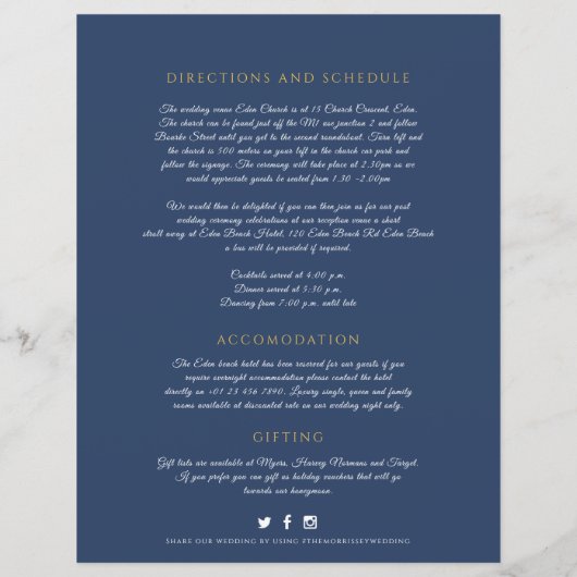 Blauw goudmonogram met informatie over bruiloft (Achterkant)