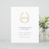 Blauw goudmonogram met informatie over bruiloft (Staand voorkant)