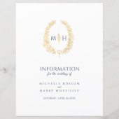 Blauw goudmonogram met informatie over bruiloft (Voorkant)