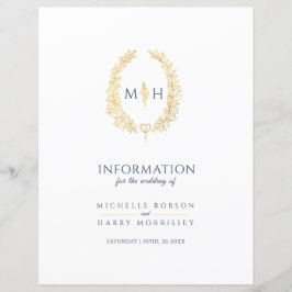 Blauw goudmonogram met informatie over bruiloft