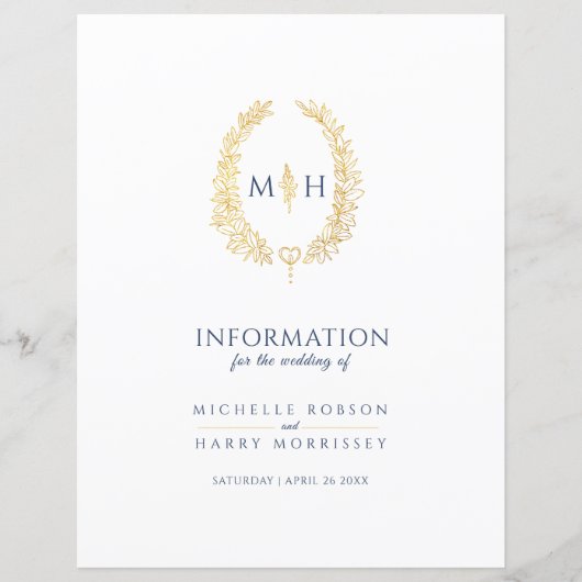 Blauw goudmonogram met informatie over bruiloft (Voorkant)