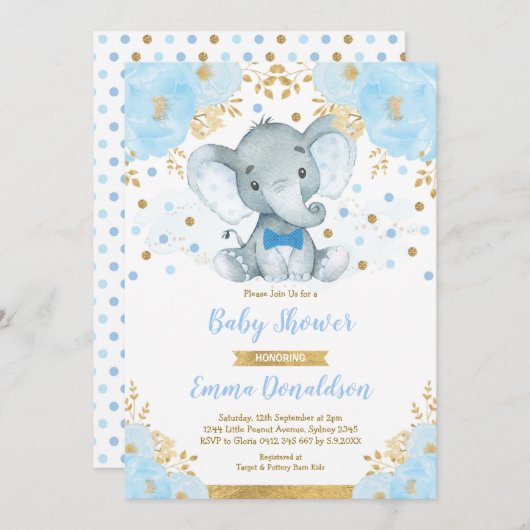 Blauw goudolifant Baby shower klein Man Kaart (Voorkant / Achterkant)