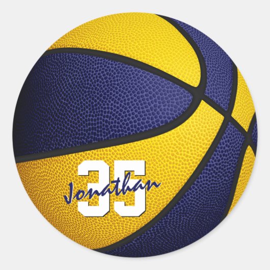 blauw goudteam kleuren jongens basketbal ronde sticker (Voorkant)