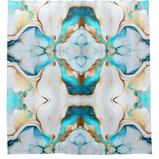  blauw goudwit marmerontwerp douchegordijn (Voorkant)