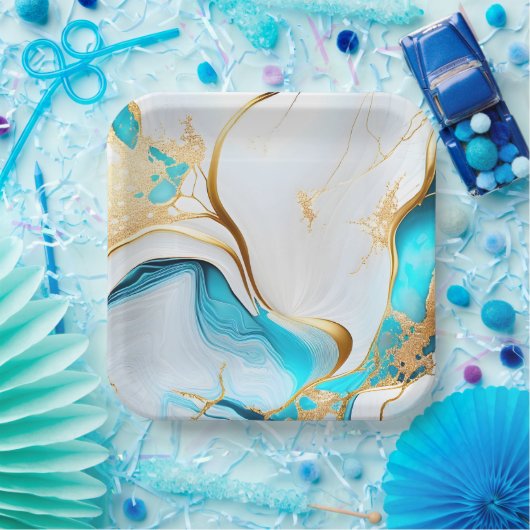  blauw goudwit marmerontwerp papieren bordje (Feest)