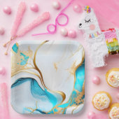  blauw goudwit marmerontwerp papieren bordje (Feest)