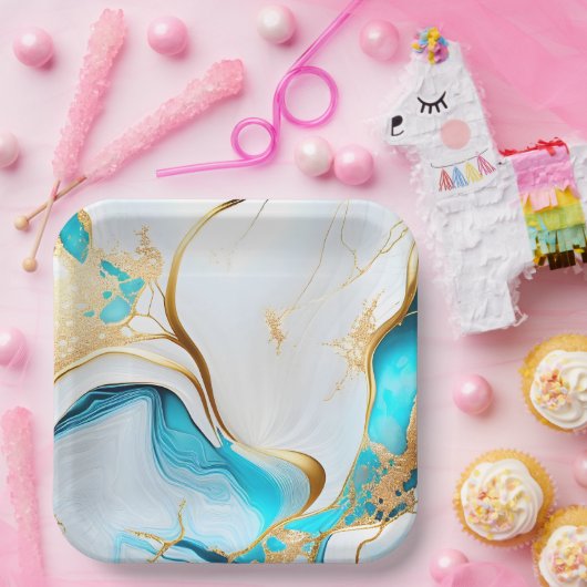  blauw goudwit marmerontwerp papieren bordje (Feest)