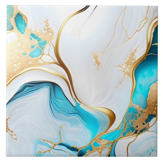 blauw goudwit marmerontwerp tegeltje (Voorkant)