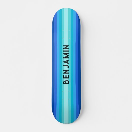 Blauw Gradient Gestreept Skateboard met Naam (Voorkant)