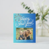 Blauw Gradiënt Vuurwerk Gelukkig Nieuwjaar Foto Briefkaart (Staand voorkant)