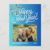 Blauw Gradiënt Vuurwerk Gelukkig Nieuwjaar Foto Briefkaart (Voorkant)
