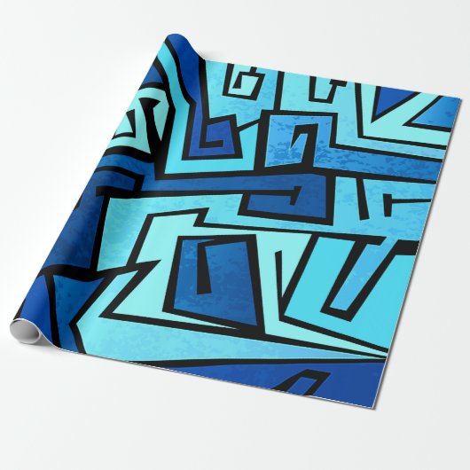 Blauw graffiti-ontwerp cadeaupapier (Uitgerold)