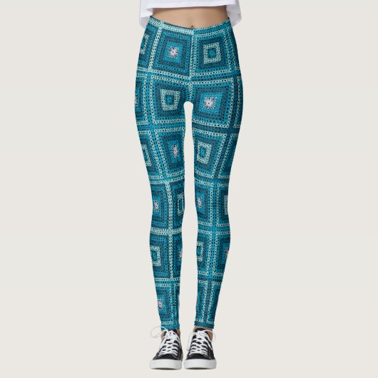 Blauw Granny Vierkant patroon Leggings (Voorkant)