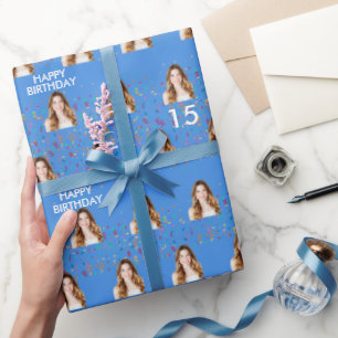 Blauw Grappig Aangepaste Gezichtsfoto 15e Verjaard Cadeaupapier