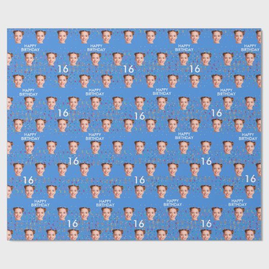Blauw Grappig Aangepaste Gezichtsfoto 16e Verjaard Cadeaupapier (Vlak)