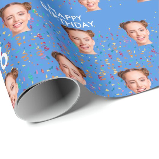 Blauw Grappig Aangepaste Gezichtsfoto 16e Verjaard Cadeaupapier (Rol Hoek)