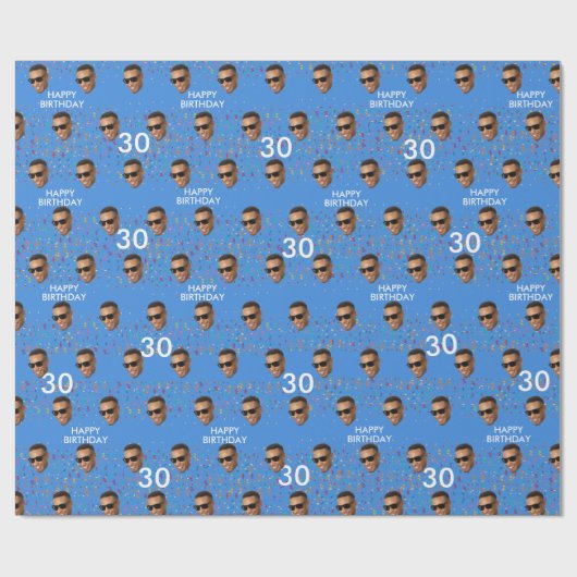 Blauw Grappig Aangepaste Gezichtsfoto 30ste Verjaa Cadeaupapier (Vlak)