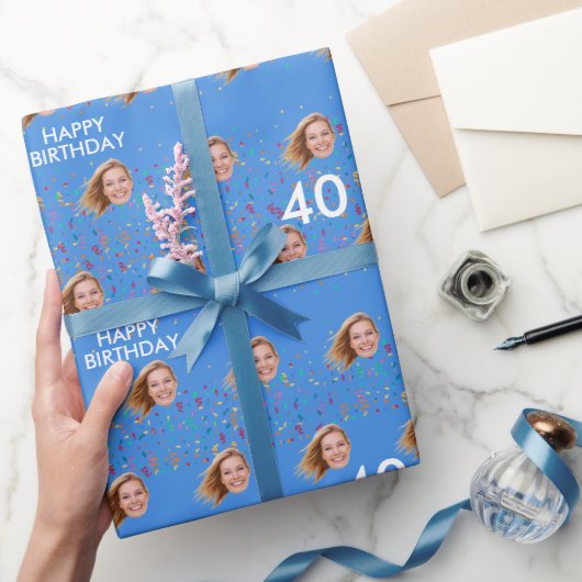 Blauw Grappig Aangepaste Gezichtsfoto 40ste Verjaa Cadeaupapier (Geschenken)