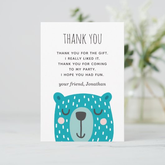 Blauw grappig beer. Kinder verjaardag bij dieren Bedankkaart (Staand voorkant)