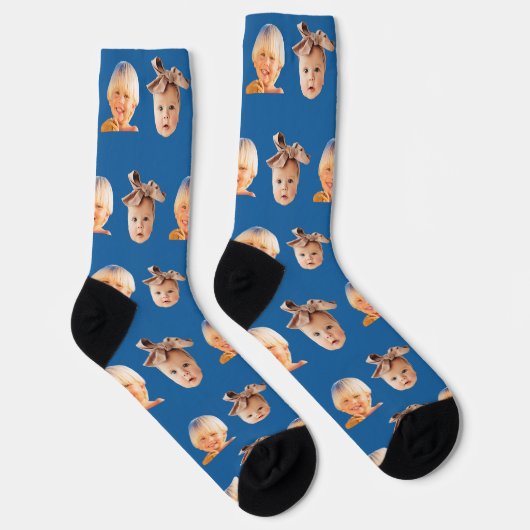Blauw Grappig Custom 2 Gezicht Foto Papa Sokken (Rechts)