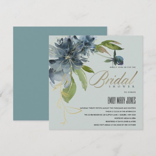 BLAUW GRAY GOLD FLORAL WATERVERF VRIJGEZELLENFEEST KAART (Voorkant / Achterkant)