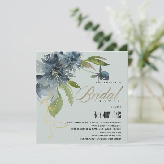 BLAUW GRAY GOLD FLORAL WATERVERF VRIJGEZELLENFEEST KAART (Staand voorkant)