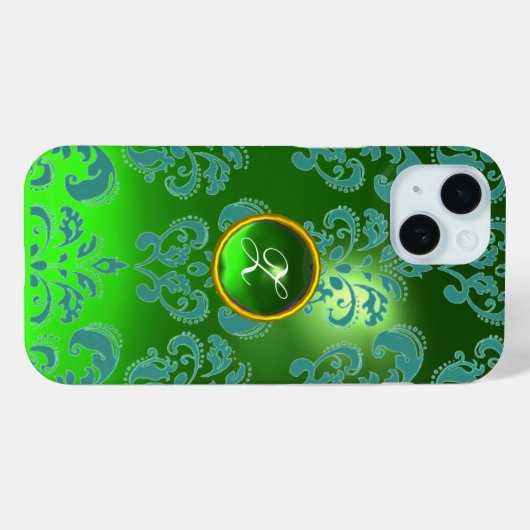 BLAUW GREEN DAMASK EMERALD GEMSTONE MONOGRAM Case-Mate iPhone CASE (Achterkant (horizontaal))