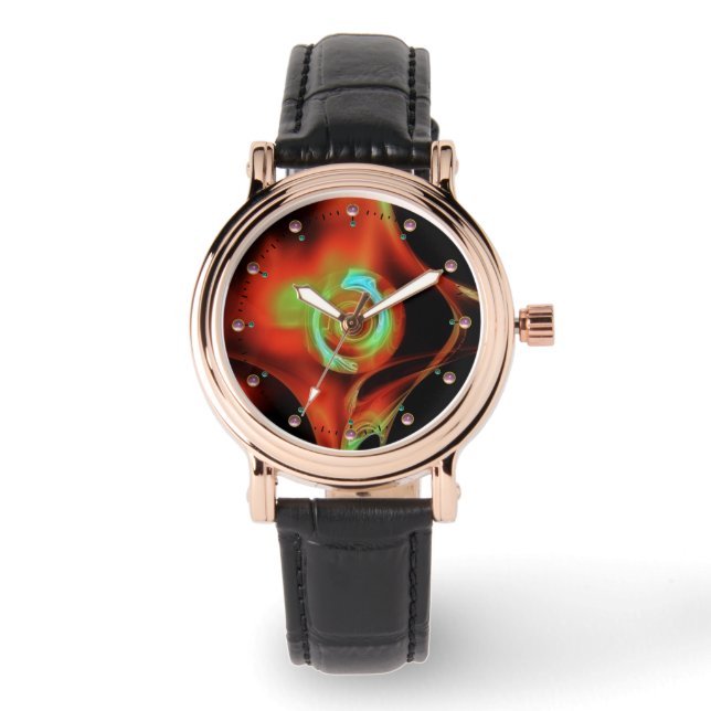 BLAUW GREEN RED FRACTAL ROOS HORLOGE (Voorkant)