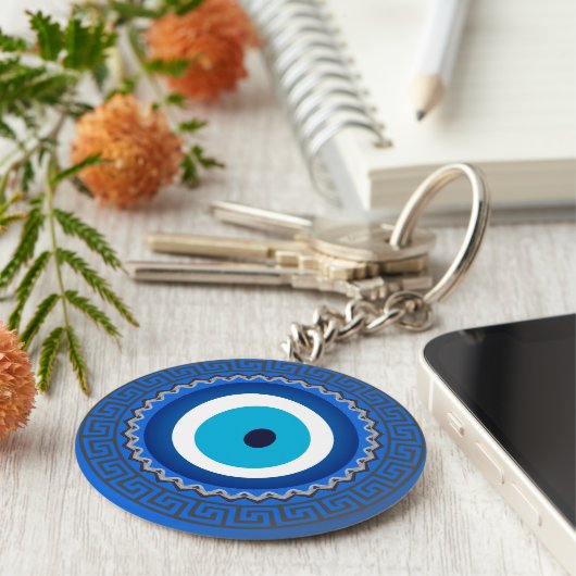 blauw Grieks Mandala Nazar Evil Eye Amulet Sleutelhanger (Zijkant)