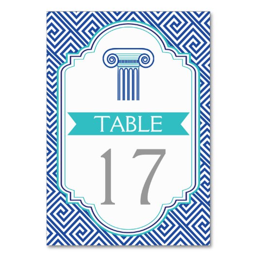 Blauw Grieks sleutel en kolom trouwtafel nummer Kaart (Voorkant)