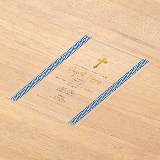 Blauw Grieks Sleutel Orthodoxe doop jongen Acryl Uitnodigingen (Laagn)