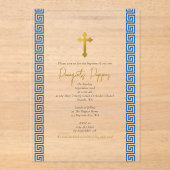 Blauw Grieks Sleutel Orthodoxe doop jongen Acryl Uitnodigingen (Voorkant)