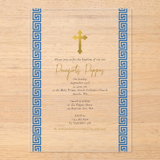 Blauw Grieks Sleutel Orthodoxe doop jongen Acryl Uitnodigingen (Voorkant)