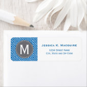 Blauw Grieks Sleutelpatroon Grijs Monogram Lijst Etiket (Insitu)