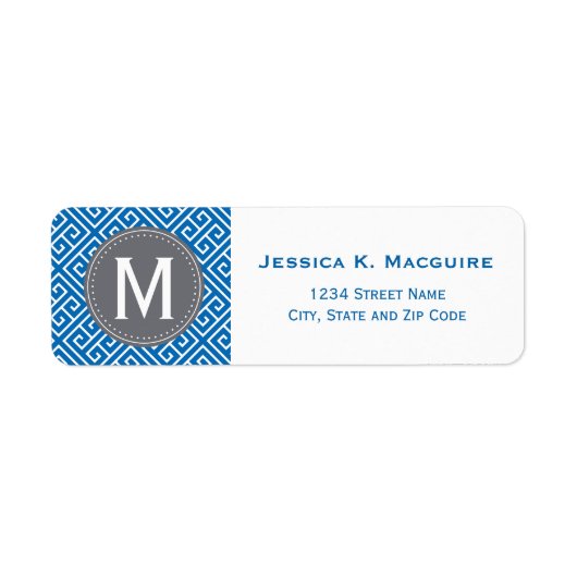 Blauw Grieks Sleutelpatroon Grijs Monogram Lijst Etiket (Voorkant)