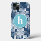 Blauw Grieks sleutelpatroonmonogram Case-Mate iPhone Case (Achterkant)