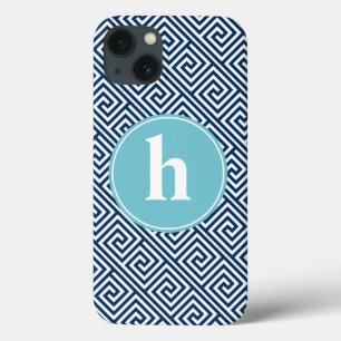 Blauw Grieks sleutelpatroonmonogram iPhone 13 Hoesje
