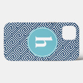 Blauw Grieks sleutelpatroonmonogram Case-Mate iPhone Case (Achterkant (horizontaal))