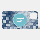 Blauw Grieks sleutelpatroonmonogram Case-Mate iPhone Case (Achterkant (horizontaal))