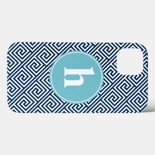 Blauw Grieks sleutelpatroonmonogram Case-Mate iPhone Case (Achterkant (horizontaal))