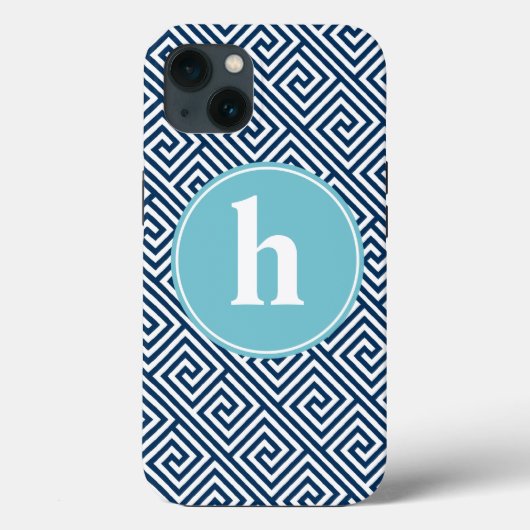 Blauw Grieks sleutelpatroonmonogram Case-Mate iPhone Case (Achterkant)