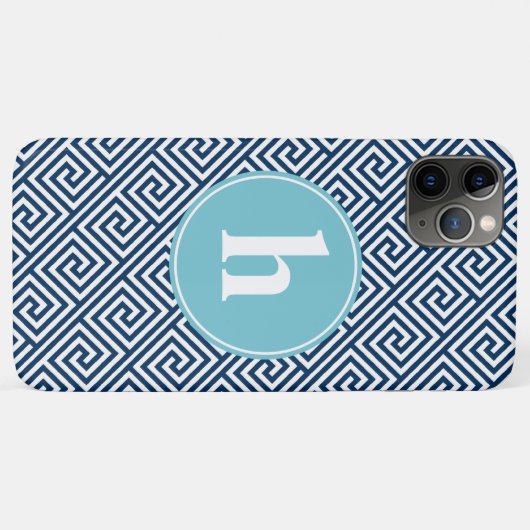 Blauw Grieks sleutelpatroonmonogram Case-Mate iPhone Case (Achterkant (horizontaal))