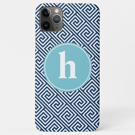 Blauw Grieks sleutelpatroonmonogram Case-Mate iPhone Case (Achterkant)
